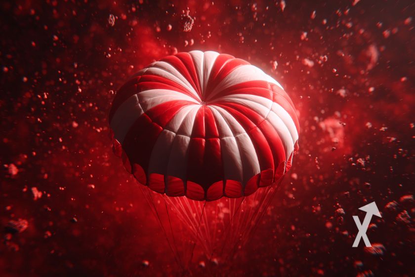 Parachute rouge et blanc sur un fond rouge avec des points rouges