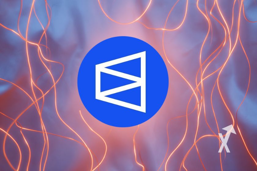 Polymarket logo sur un fond rose et bleu avec des lignes oranges en néons