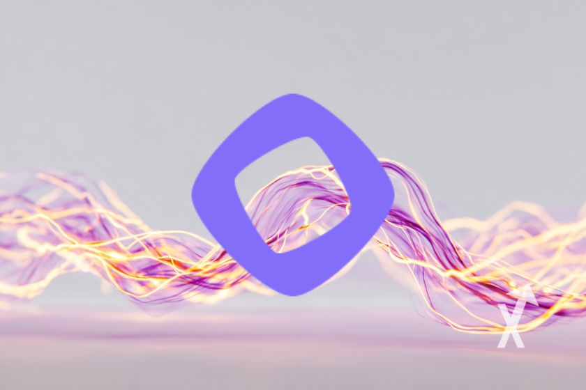 logo mon de monad sur un fond blanc avec des lignes de lumière oranges et roses