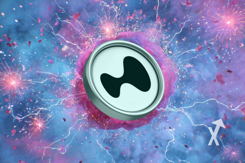 coin HYPE hyperliquid sur un fond univers bleu et rose