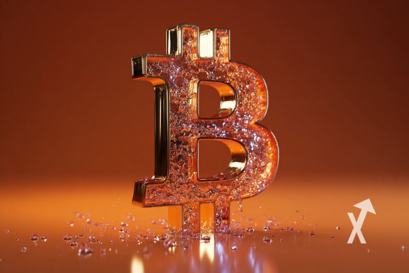 bitcoin logo en verre sur un fond orange
