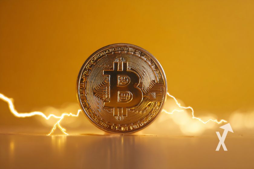 coin Bitcoin sur fond orange avec électricité jaune autour