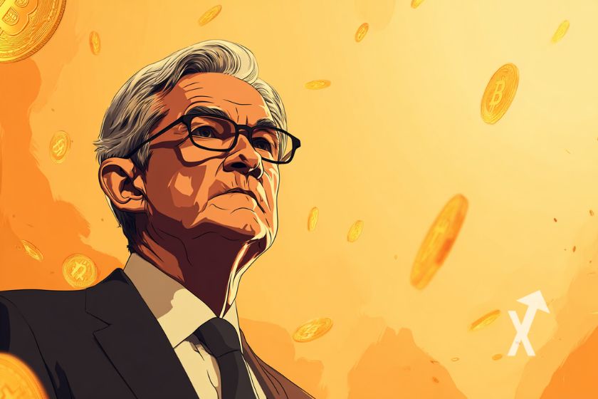 jerome Powell sur un fond orange avec des Bitcoin autour