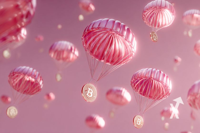 Parachutes qui tiennent des Bitcoin en rose sur un fond rose