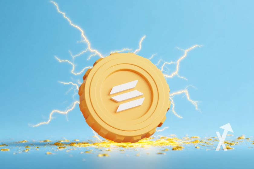 coin solana en jaune avec fond bleu et éclairs jaunes autour