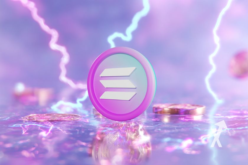 coin solana en rose sur un fond rose et violet avec électricité rose et bleue derrière