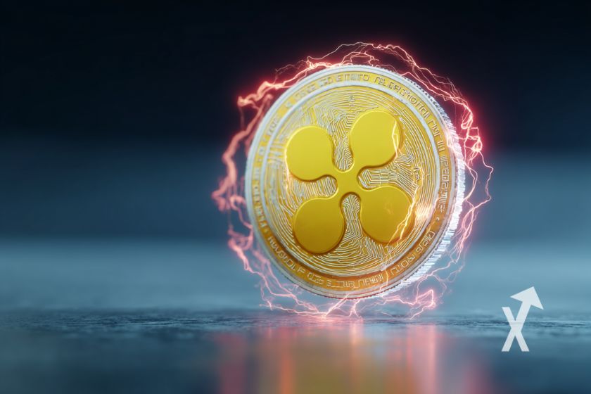 coin xrp en jaune avec électricité rouge autour, sur un fond bleu