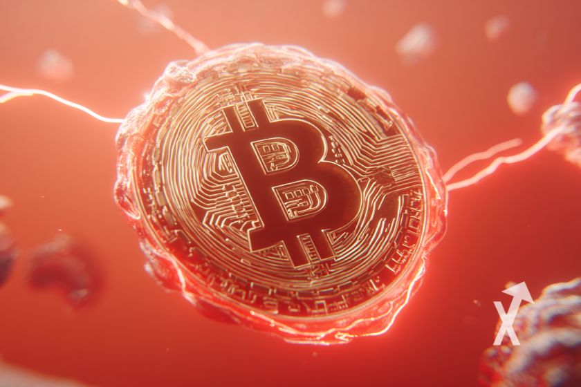 Bitcoin coin dans un fond rouge avec éclairs électricité rouge autour