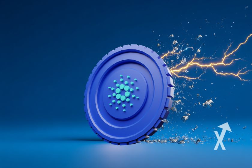 coin cardano ADA avec électricité jaune sur un fond bleu