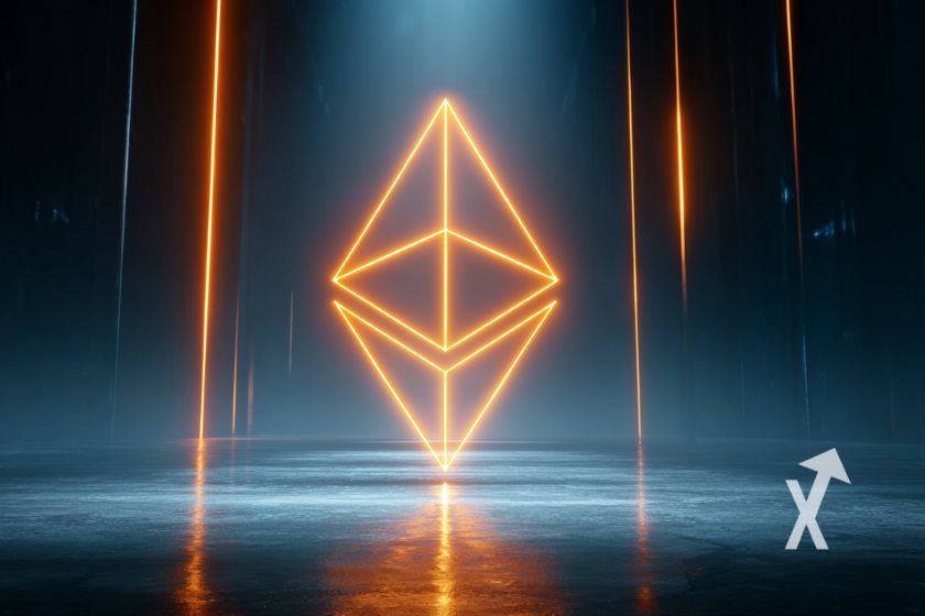 Logo Ethereum en néons oranges sur un fond bleu