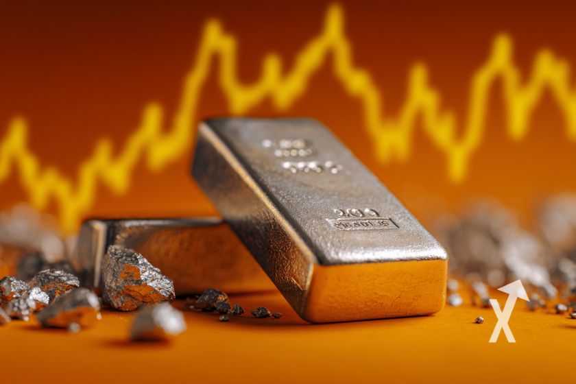 lingots de silver sur un fond orange avec trendline de prix en jaune et des pépites d'argent derrière
