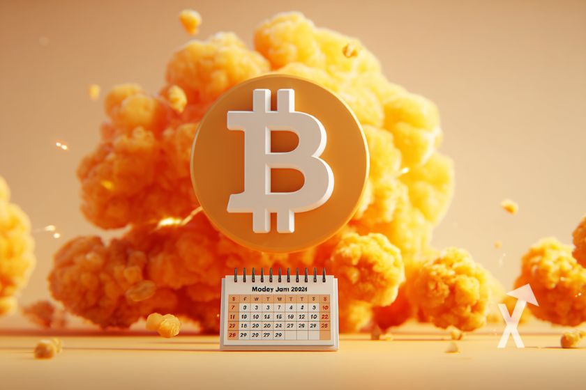 coin Bitcoin en jaune avec explosion orange et un fond beige et un caldendrier 2025 à son pied