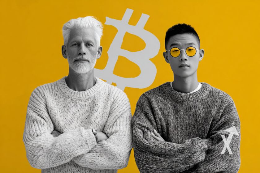 Peter Brand et YoungHoon Kim les bras croisés sur un fond jaune avec un logo Bitcoin blanc derrière