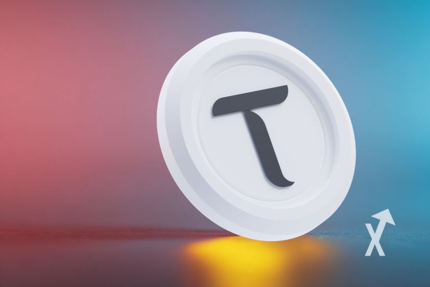 coin TAO sur un fond bleu et rose