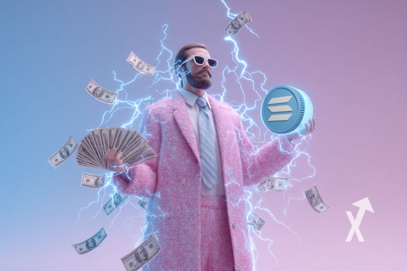 homme avec un costume rose qui tiens des dollers et un coin Solana bleu sur un fond bleu et rose avec de l'électricité bleue derrière lui