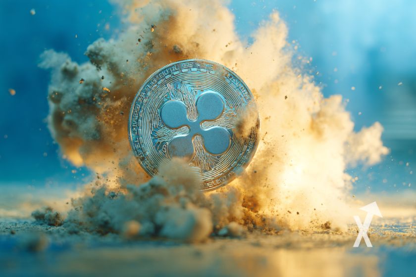 xro coin sur un fond bleu avec explosion de fumée orange et grise