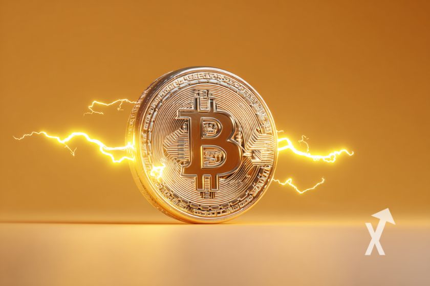 coin BTC Bitcoin sur un fond orange avec électricité jaune autour