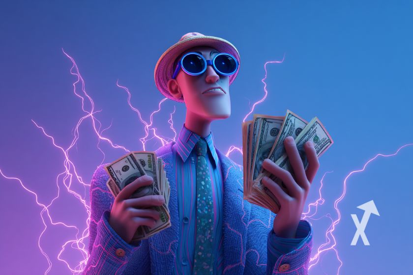homme avec lunette et chapeau qui tient des liasses de dollars sur un fond bleu et électricité rose