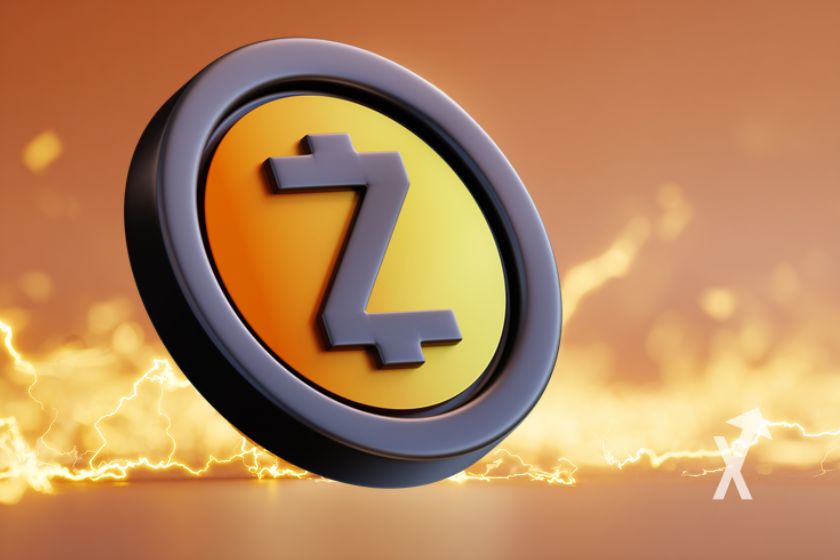 coin Zcash zec sur un fond orange avec flammes jaunes derrière