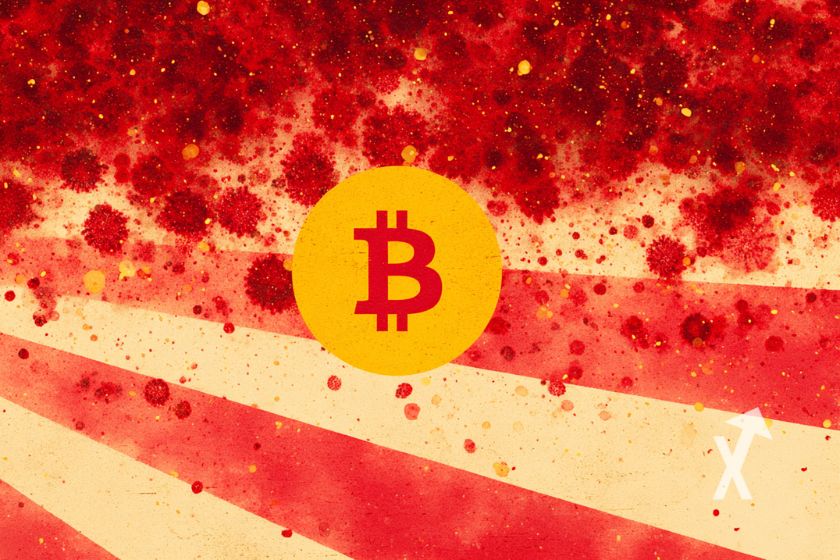 coin bitcoin en jaune sur un fond de lignes rouges et blances avec des tâches d'encre rouges sur le haut de l'image