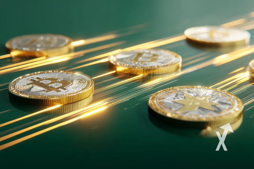 coin Bitcoin sur un fond vert avec des lignes jaunes lumineuses