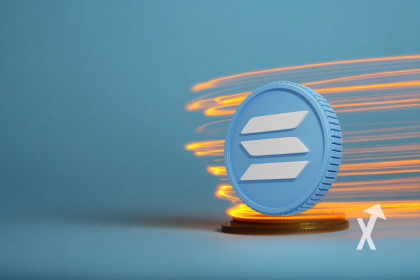 coin solana en bleu sur un fond bleu dans de slignes droites oranges enroulés autour