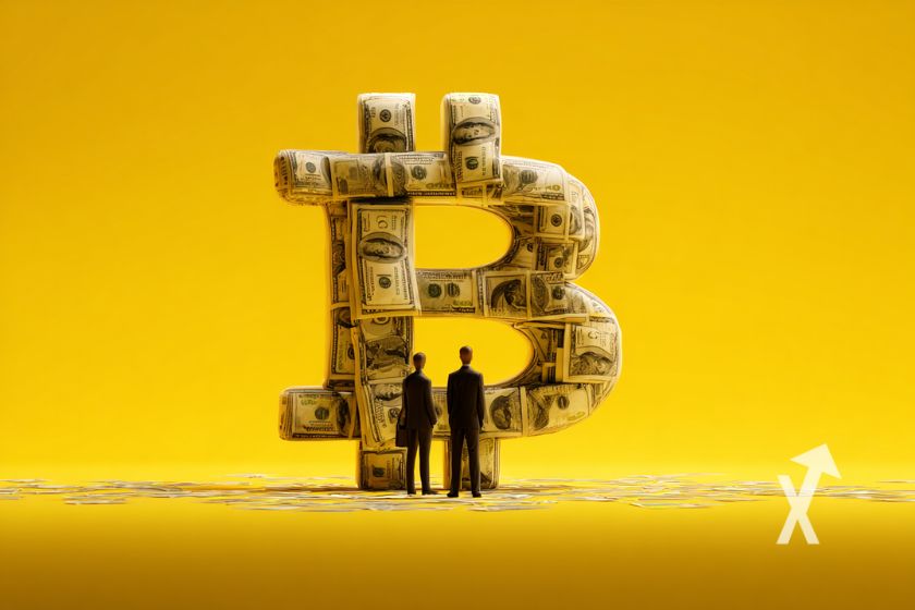 Bitcoin logo en billets de dollars avec deux hommes en costume à son pied sur un fond jaune