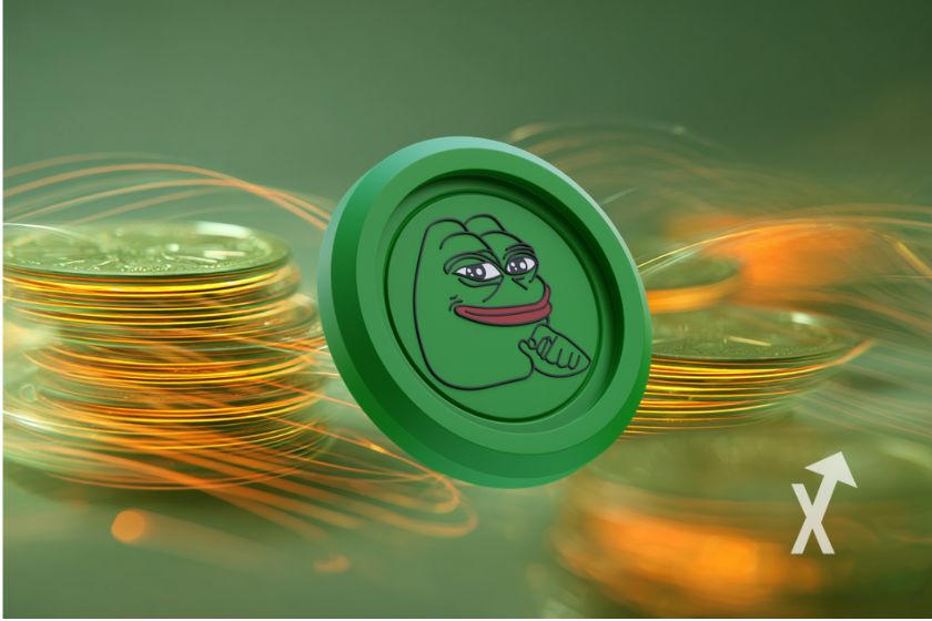 coin PEPE sur un fond vert avec des lignes oranges