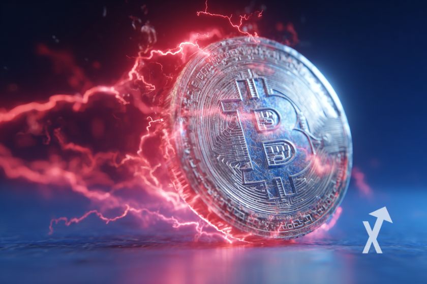 coin Bitcoin avec électricité rouge autour sur un fond bleu