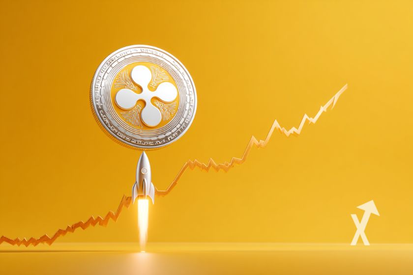 coin xrp qui décolle sur un fusée sur un fond jaune avec une trendline de prix en fond qui monte