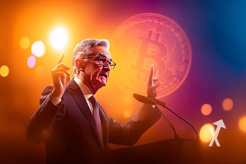 Jerome Powell sur un fond bleu et orange avec un Bitcoin coin en rose