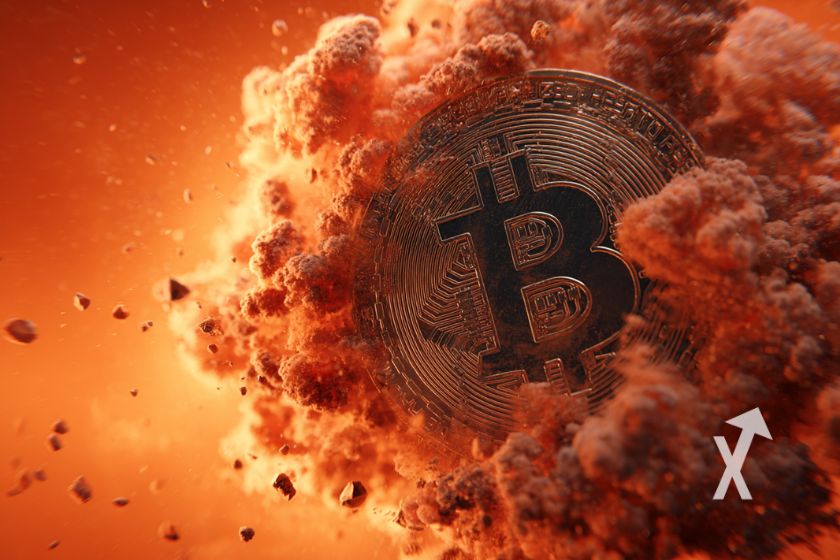 Bitcoin coin dans un nuage de fumée rouge sur un fond orange