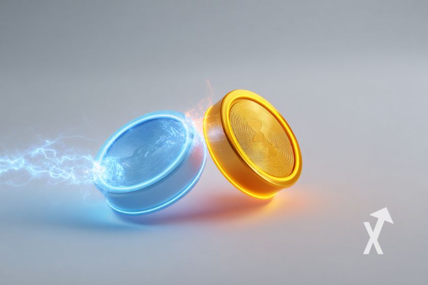 Un coin bleu et un coin orange sur un fond gris avec des éclairs bleus qui sortent du jeton bleu