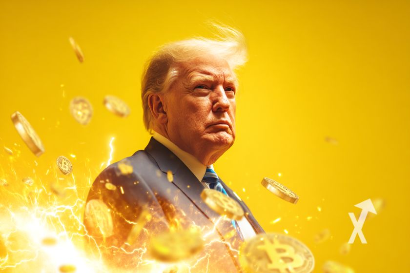 Donald Trump sur un fond jaune avec coins Bitcoin autour de lui