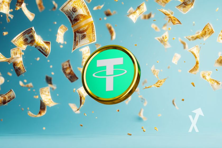 coin tether sur un fond bleu avec des billets dollars qui volent