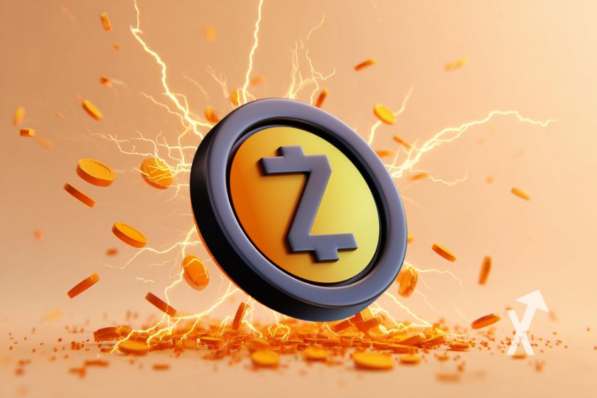 coin zcash zec sur un fond orange avec des coins rouges en petits qui explosent autour et de l'éelectricité