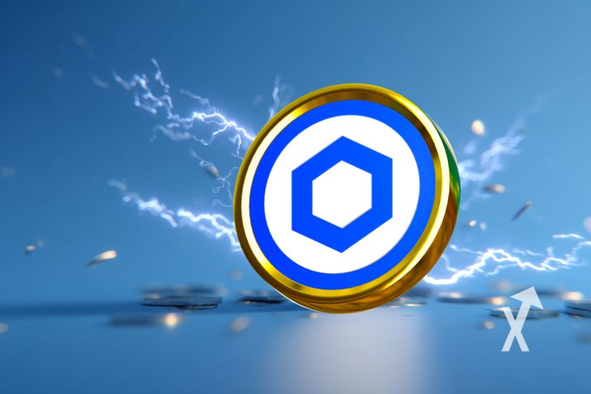 coin Chainlink LINK sur un fond bleu avec électricité blanche