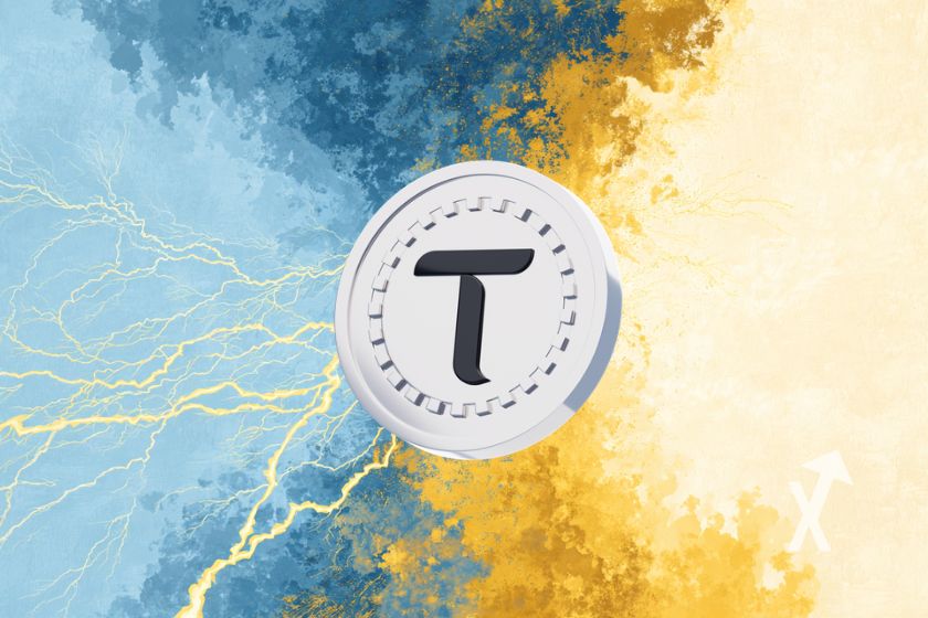 coin tao de bittensor sur un fond d'explosions bleue et jaune evec des éclairs autour du coin