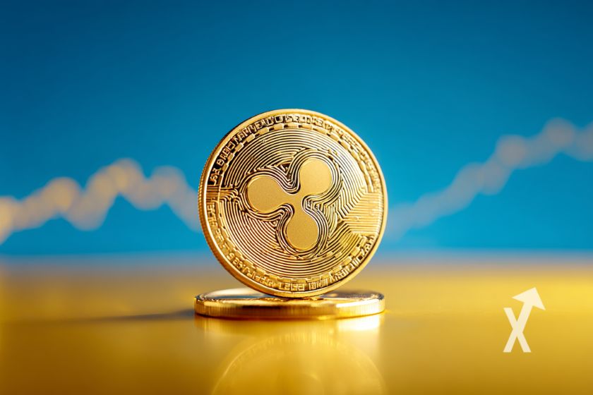 coin XRP sur un fond bleu avec trendline jaune et un sol jaune