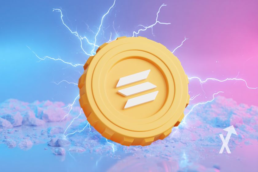 coin solana en jaune sur un fond rose et bleu avec de l'électricité bleue autour