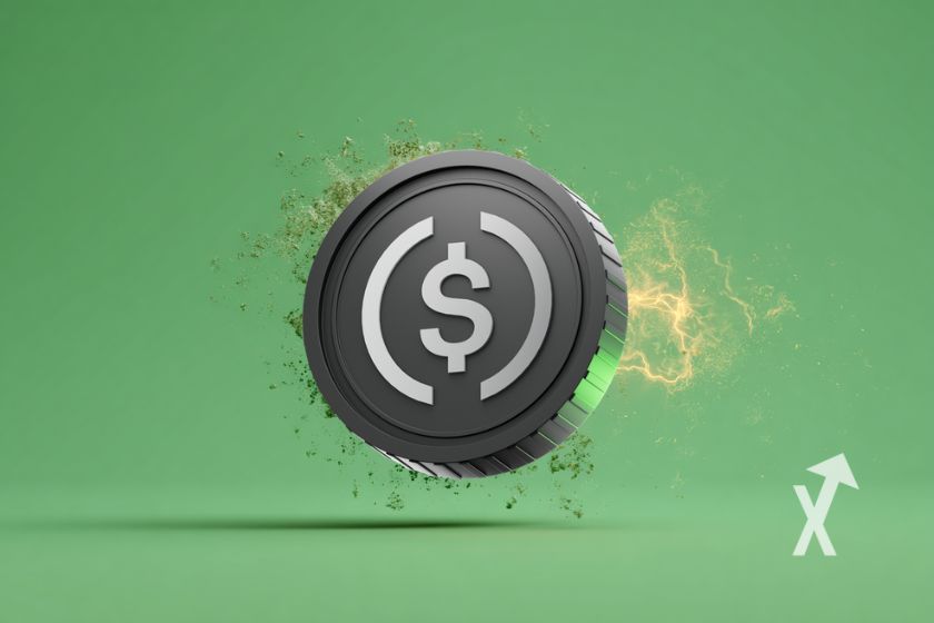 Coin 3D de l'USDE d'ethena sur un fond vert avec électricité derrière le jeton