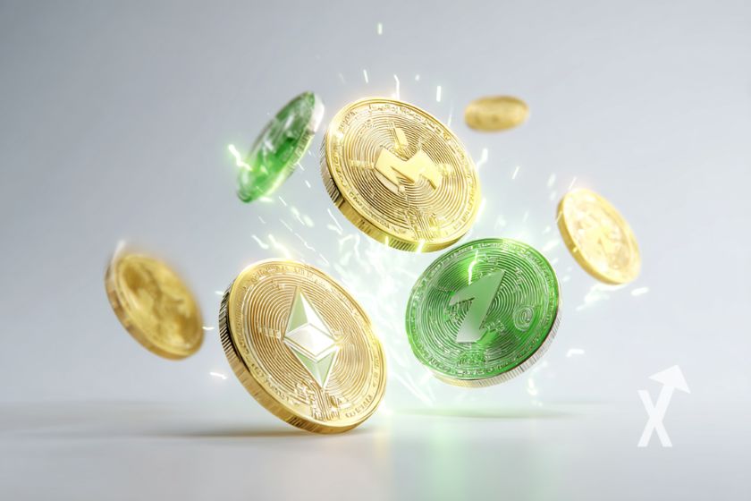cryptos tokens en jaune et vert sur un fond gris avec de l'électricité blanche