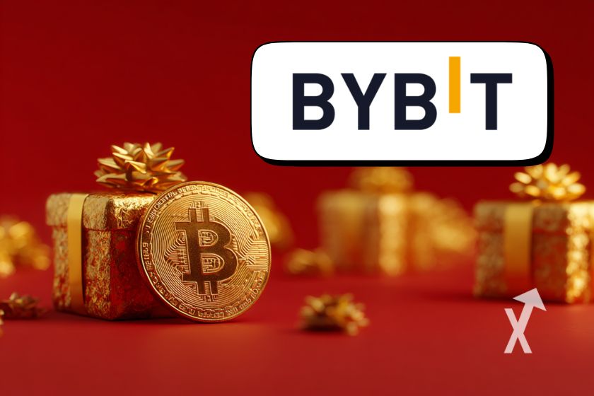 coin Bitcoin avec des cadeaux dans du papier dorée sur un fond rouge avec logo ByBit