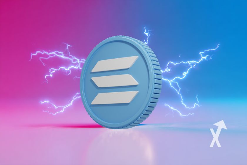 coin solana sur un fond mi bleu mi rose avec de l'électricité bleue autour du coin