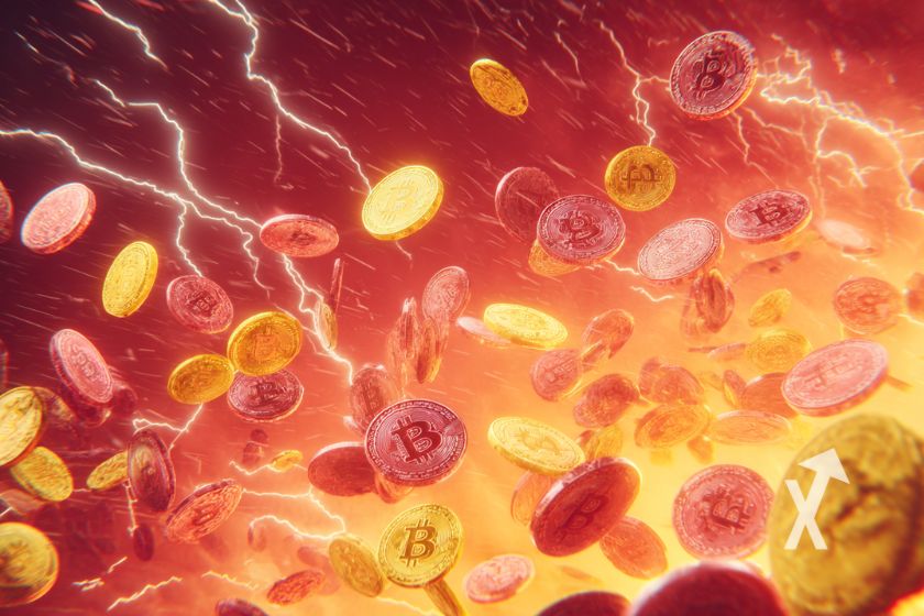 crypto tokens Bitcoin en jaune et rouge sur un fond rouge avec électricité rouge