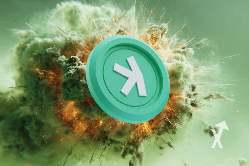 Coin KAspa sur un fond vert avec une epxlosion de fumée derrière