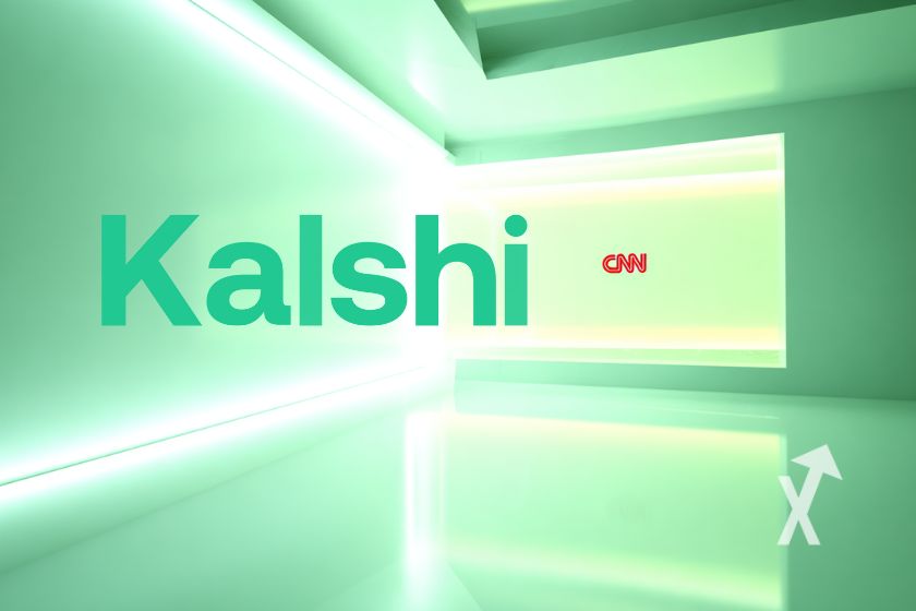 logo kalshi sur un fond vert avex néons lumineux et un écran allumé avec le logo CNN dedans