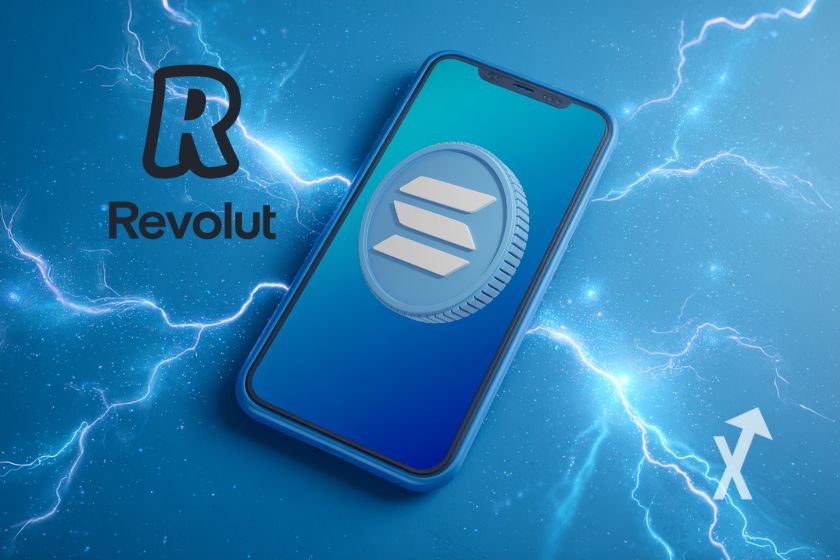 telephone bleu avec un coin solana sur l'écran sur un fond bleu avec des lumières blanches et un logo Revolut