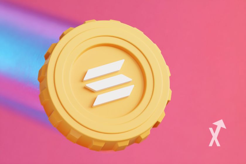 coin solana en jaune sur un fond rose avec un faisceau bleu qui le suit