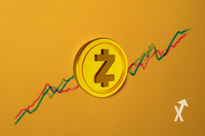 coin zcash zec sur un fond jaune avec trendline verte et rouge